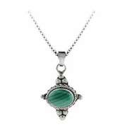Sterling Silver Bali Beaded Genuine Malachite Stone East West Pendant