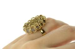 14K Yellow Gold Oval Gold Druzy Ornate Cocktail Statement Ring