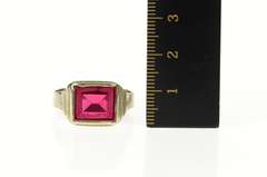 10K White Gold Art Deco Squared Syn. Ruby Men's Statement Ring