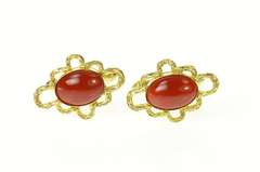 14K Yellow Gold Retro 1960's Red Coral Cabochon Ornate Cuff Links