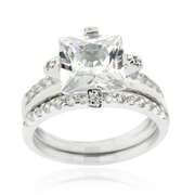 Sterling Silver Square CZ  Wedding Engagement Stackable Ring Set