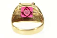 10K Yellow Gold Retro Men's Masonic Etched Syn. Ruby Ring
