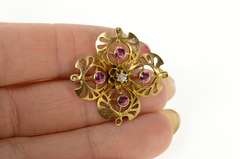 10K Yellow Gold Victorian Syn. Ruby Diamond Clover Filigree Pin/Brooch