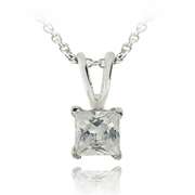 Silver Tone CZ Square Solitaire Necklace, 4mm