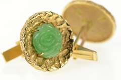 14K Yellow Gold 1960's Retro Carved Jade Flower Round Cuff Links