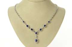 14K White Gold 4.27 Ctw Sapphire Diamond Halo Statement Necklace