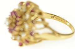 14K Yellow Gold 1960's Ornate Ruby Diamond Halo Cocktail Ring