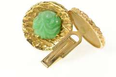 14K Yellow Gold 1960's Retro Carved Jade Flower Round Cuff Links