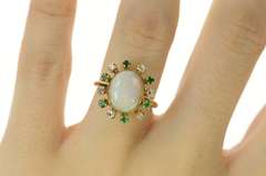 14K Yellow Gold Victorian Natural Opal Diamond Emerald Halo Ring