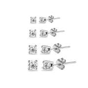4 Pair Set Round Cubic Zirconia Stud Earrings in 925 Silver, 2mm 3mm 4mm 5mm