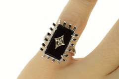 10K White Gold Black Onyx Diamond Accent Retro Basket Trim Ring
