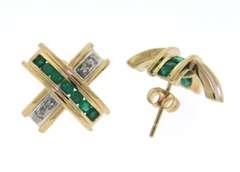 Graceful Yellow Gold Emerald and Diamond X Earrings
