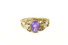 10K Yellow Gold Ornate Amethyst Diamond Accent Rope Design Ring