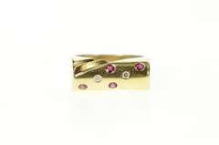 14K Yellow Gold Flush Ruby Diamond Curved Squared Statement Ring