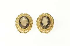 14K Yellow Gold Smoky Quartz Oval Twist Trim Stud Earrings