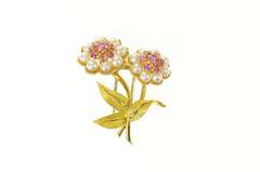 18K Yellow Gold Retro Ruby Pearl Flower Bouquet Pin/Brooch