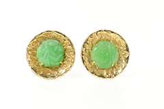 14K Yellow Gold 1960's Retro Carved Jade Flower Round Cuff Links