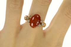 14K Yellow Gold Ornate Oval Red Jade Diamond Victorian Ring