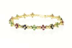 14K Yellow Gold Ruby Emerald Sapphire Flower Cluster Tennis Bracelet