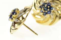 14K Yellow Gold 1950's Ornate Sapphire Cluster Diamond Swirl Earrings