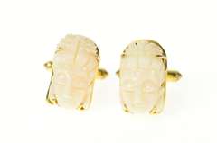 14K Yellow Gold Ornate Carved Light Pink Coral Buddha Head Cuff Links