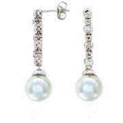 Sterling Silver Simulated Diamond CZ Glass Simulated Pearl Drop Bridal/Wedding Earrings