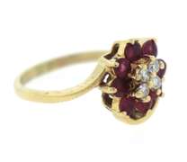 Whimsical 14kt Yellow Gold Round Cut Ruby and Diamond Flower Cluster Ring