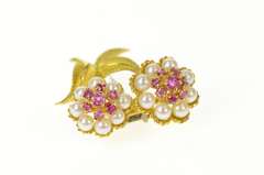 18K Yellow Gold Retro Ruby Pearl Flower Bouquet Pin/Brooch
