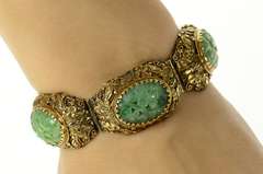 14K Yellow Gold Ornate Floral Carved Jade Filigree Statement Bracelet