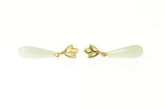 10K Yellow Gold Carved Jade Drop Dangle Leaf Accent Earrings