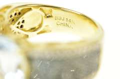 14K Yellow Gold Oval Blue Topaz Pave White & Blue Diamond Ring