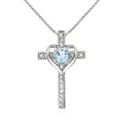 Sterling Silver Blue Topaz Cross Heart Pendant Necklace