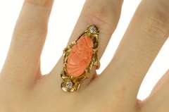 14K Yellow Gold Ornate Art Nouveau Coral Cameo Diamond Ring