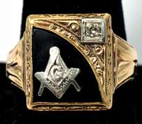 Impressive Onyx & Diamond Masonic Ring in Yellow Gold