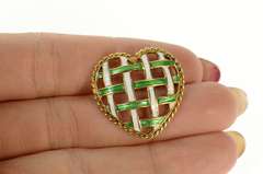 14K Yellow Gold Retro Blue Green Enamel Woven Heart Pin/Brooch