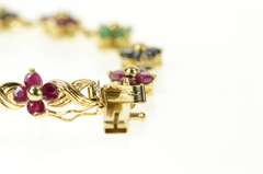 14K Yellow Gold Ruby Emerald Sapphire Flower Cluster Tennis Bracelet
