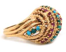 Fabulous 18kt YG Turquoise & Ruby Textured Dome Ring