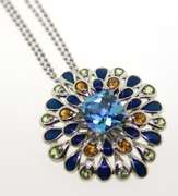 Sterling Silver Blue Topaz Flower Pendant With DoubleChain