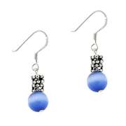 Sterling Silver Blue Cats Eye & Bali Bead Dangle Earrings