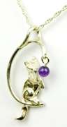 Vintage Sterling Cat & Amethyst Ball Pendant & Chain