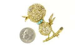 18K Yellow Gold 1960's Diamond Turquoise Stylized Baby Bird Pin/Brooch