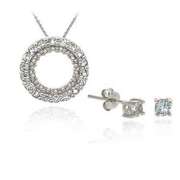 Sterling Silver Blue Topaz Eternity Pendant & Stud Earrings Set