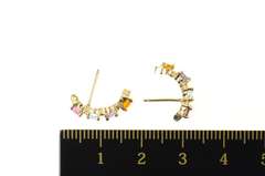 14K Yellow Gold Blue Topaz Amethyst Curved Bar Semi Hoop Earrings