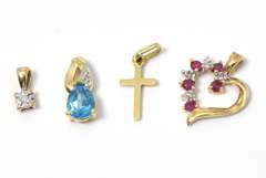 Lot of 4 Yellow Gold Pendants, Some with Stones