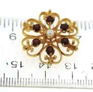 Lovely 14kt YG Floral Filigree Garnet & Pearl Brooch