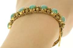 14K Yellow Gold Ornate Jade Cabochon Statement Bangle Bracelet
