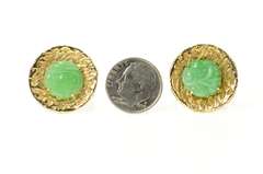 14K Yellow Gold 1960's Retro Carved Jade Flower Round Cuff Links