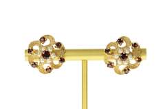 10K Yellow Gold 1960's Retro Garnet Pearl Swirl Stud Earrings