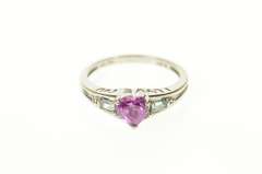 10K White Gold Heart Syn. Pink Topaz CZ Baguette Accent Ring