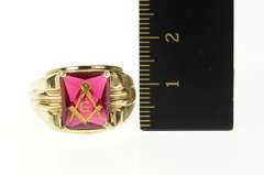 10K Yellow Gold Retro Men's Masonic Etched Syn. Ruby Ring